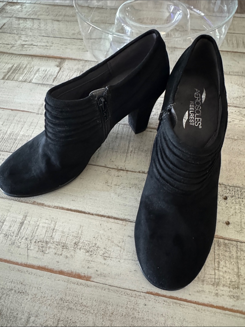 AEROSOLES Black Suede Ruched Side-Zip Heeled Booties